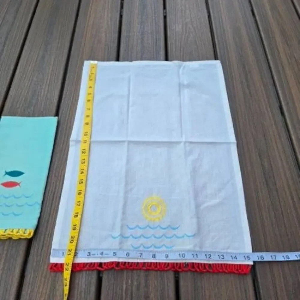 Sun & Sea Waves style tea kitchen towels cotton white teal red fish
